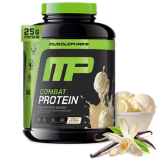 MusclePharm Combat Protein Vanilla tub highlighting multi-source protein for post-workout recovery.