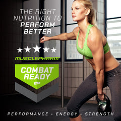 MusclePharm Combat Ready closeup label highlights gluten-free, no added sugar