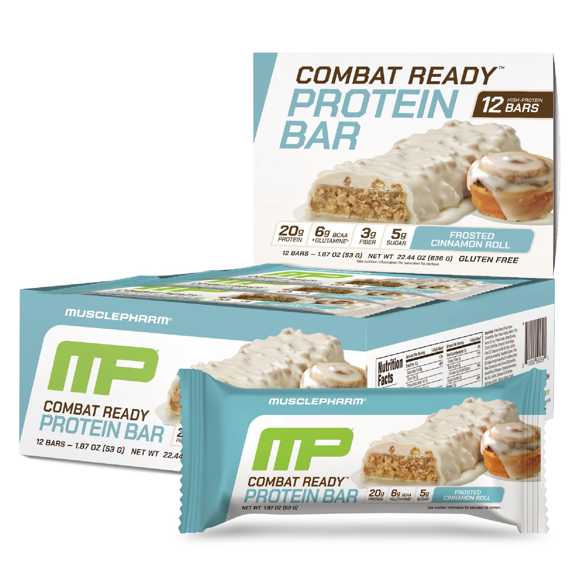 MusclePharm Combat Ready Cinnamon Roll bar box providing on-the-go protein fuel for workouts.