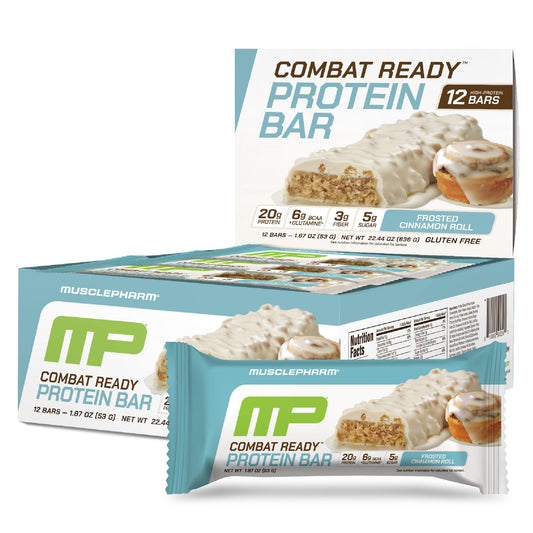 MusclePharm Combat Ready Cinnamon Roll bar box providing on-the-go protein fuel for workouts.