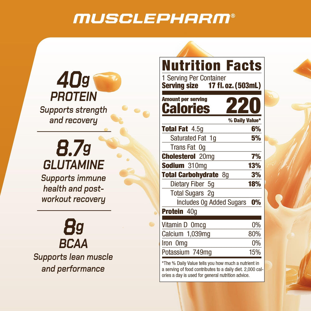 MusclePharm Combat Ready salted caramel bottle side highlights convenient, on-the-go protein