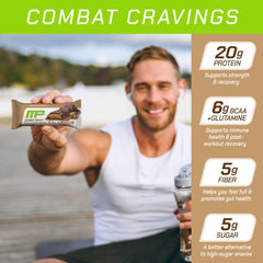 MusclePharm Combat Sport Bar 20g protein emphasis, supports muscle recovery.