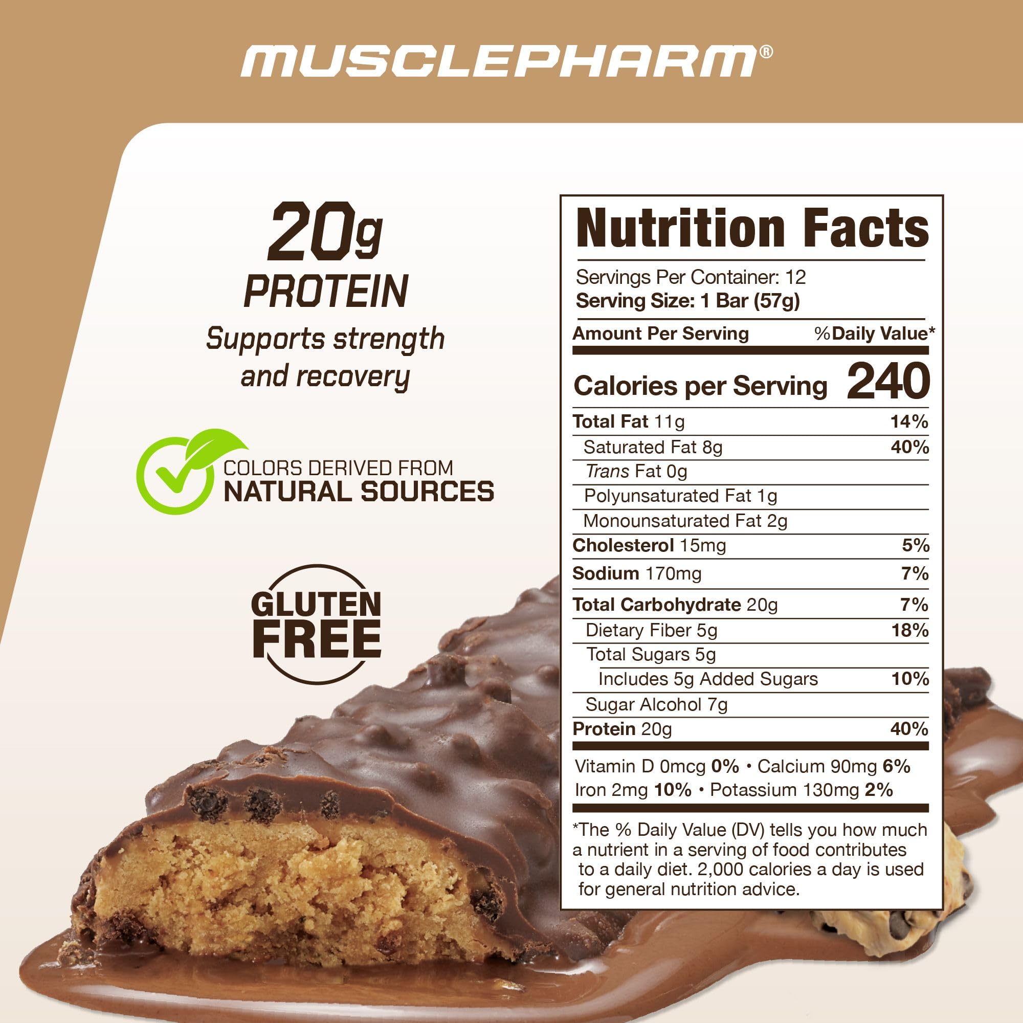 MusclePharm Combat Sport Bar chocolate chip cookie dough close-up, energy for workouts.