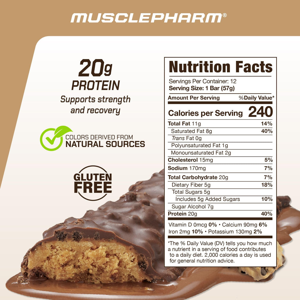 MusclePharm Combat Sport Bar chocolate chip cookie dough close-up, energy for workouts.