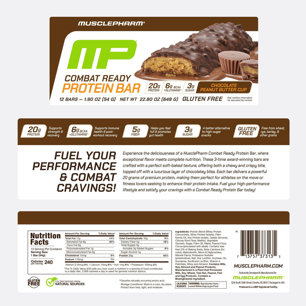 MusclePharm Combat Sport Bar packaging closeup shows chocolate peanut butter cup profile