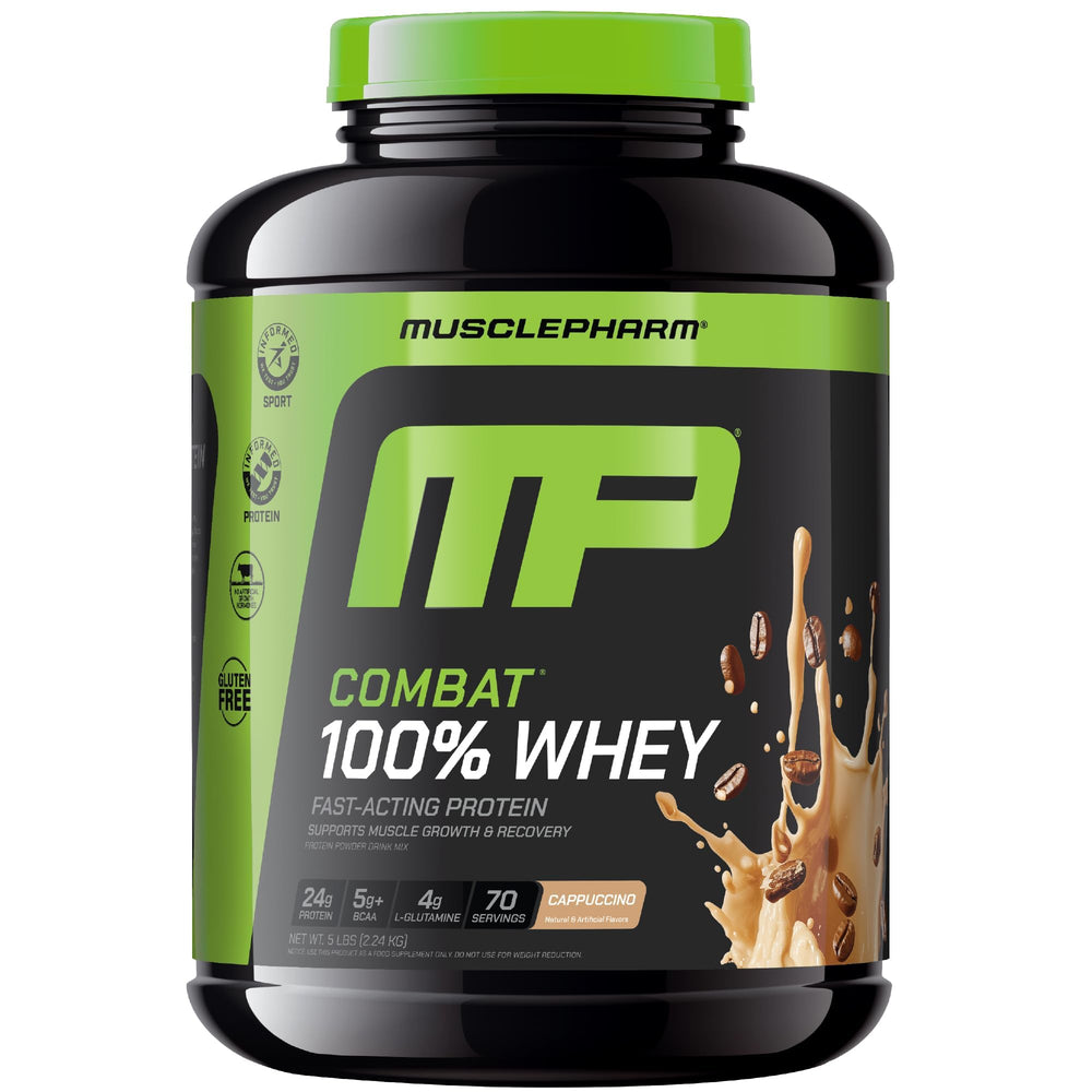 MusclePharm Combat Whey Cappuccino tub showing premium protein option for recovery