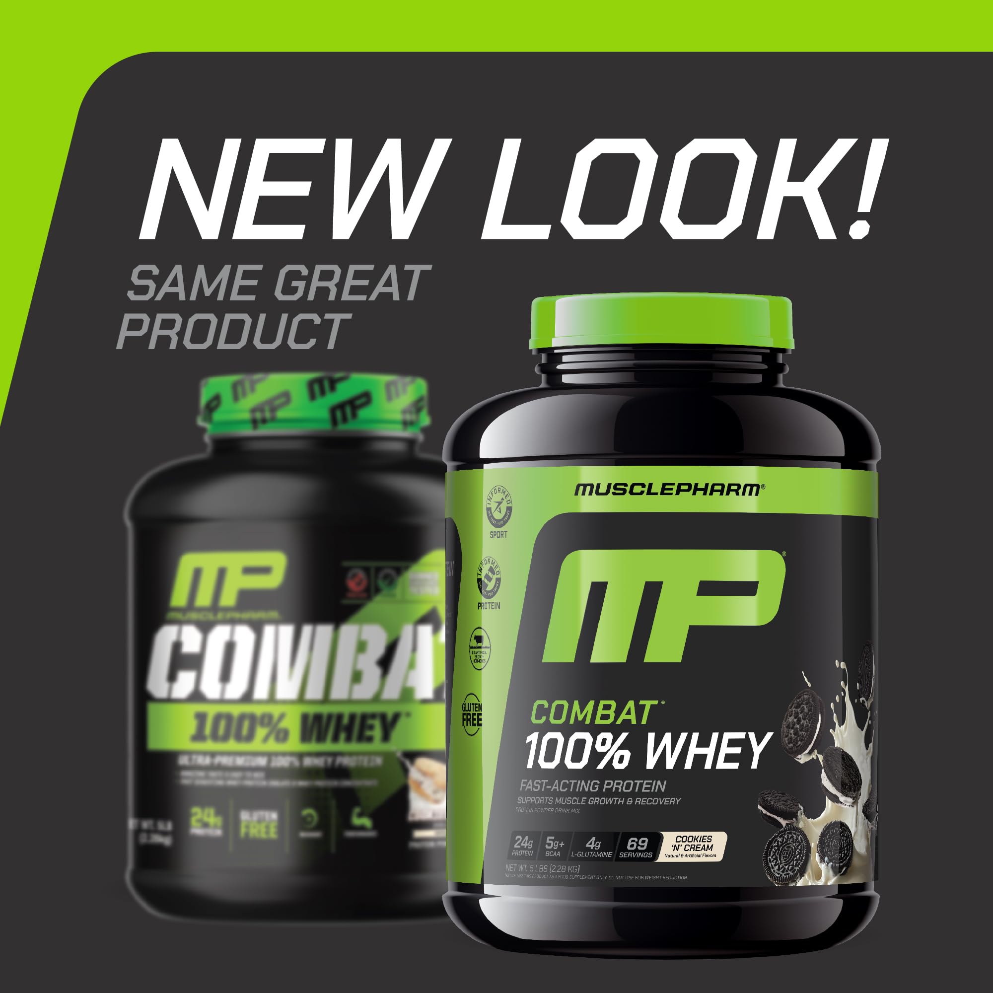 MusclePharm Combat Whey Cookies N Cream serving scoop highlights 24 g protein per serving.