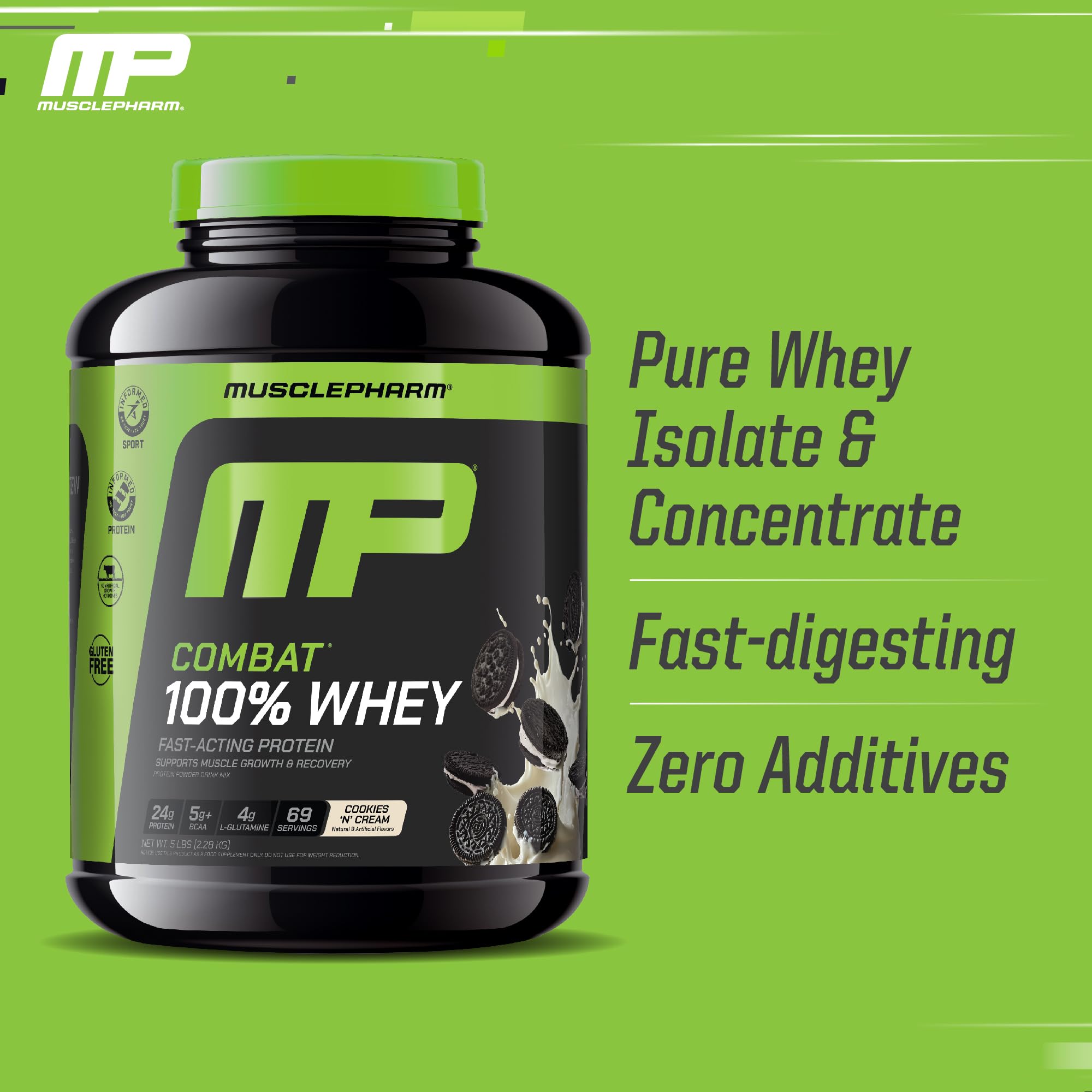 MusclePharm Combat Whey Cookies N Cream shake in glass for smooth mixability.