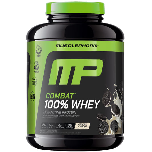 MusclePharm Combat Whey Cookies N Cream tub showing premium protein blend for workouts.