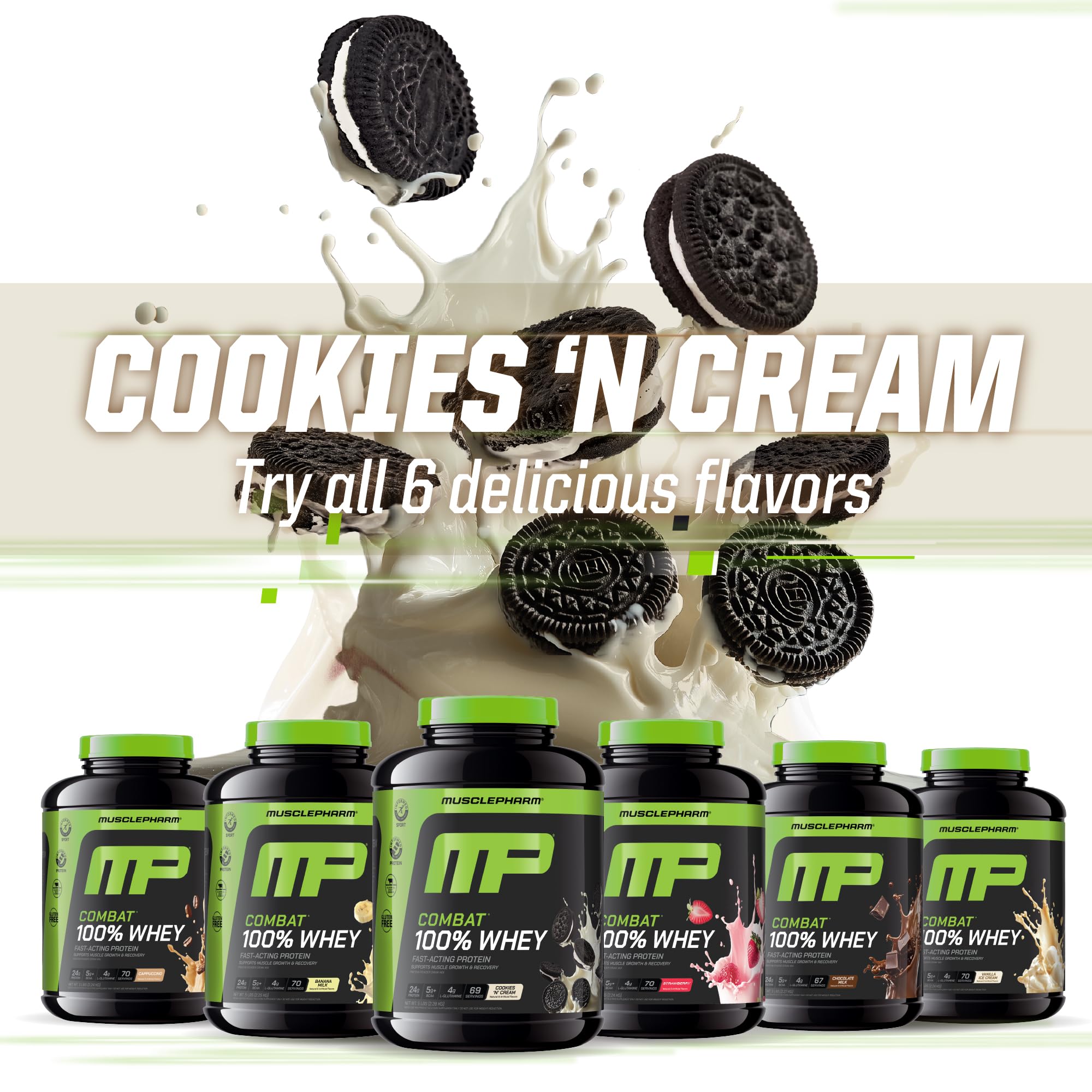 MusclePharm Combat Whey Cookies N Cream packaging shows gluten-free and dye-free.
