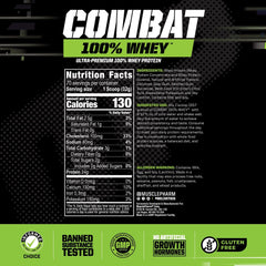MusclePharm Combat whey label closeup highlights gluten-free, tested quality.