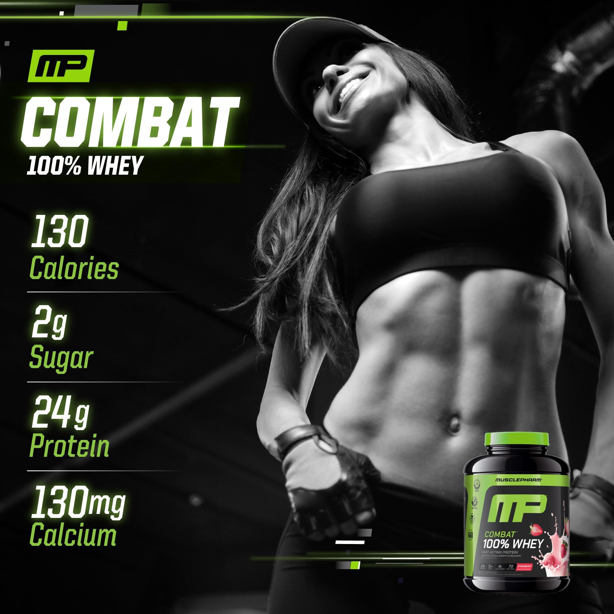 MusclePharm Combat whey powder pour captures smooth mixability and quick absorption.