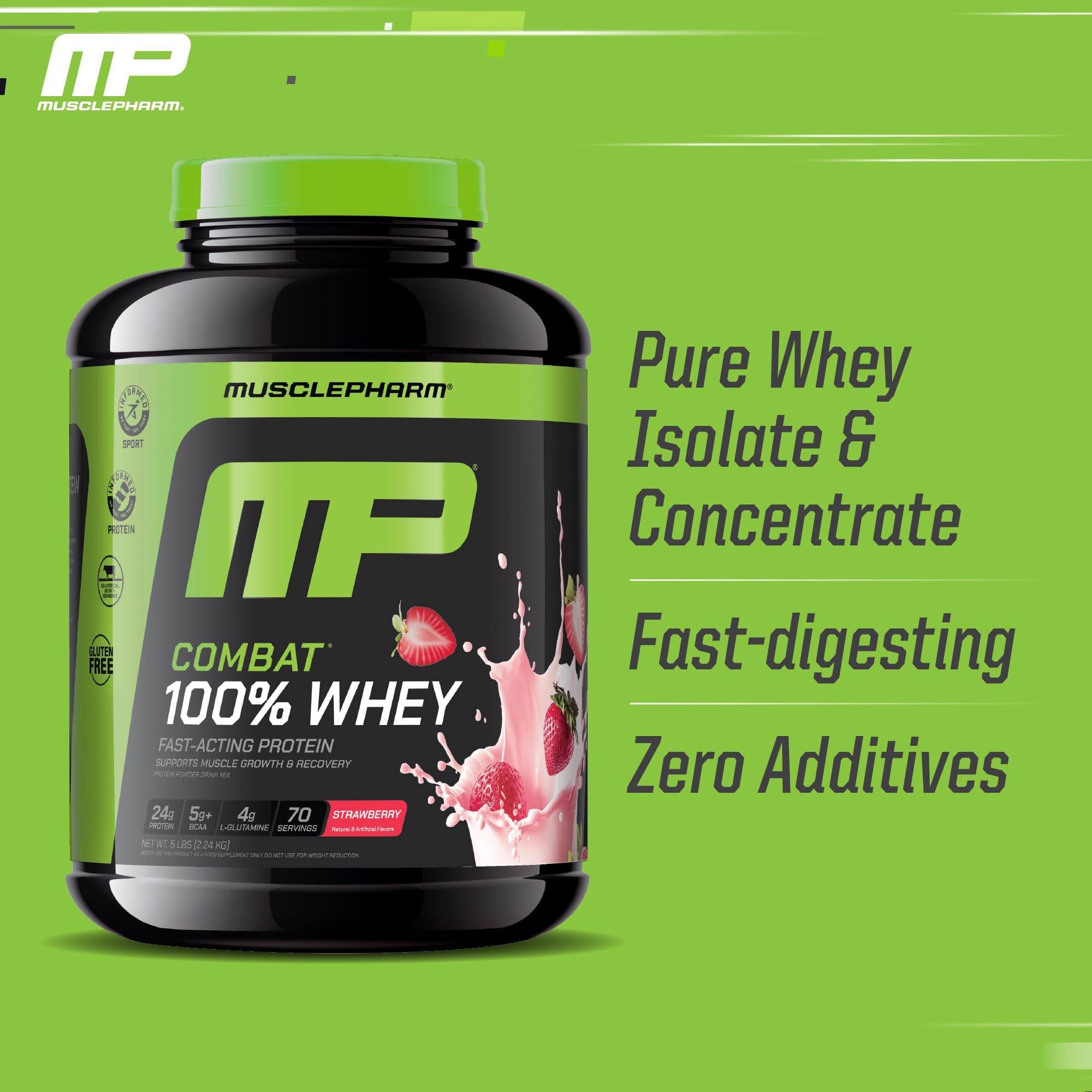 MusclePharm Combat whey shaker with mix demonstrates fast-digest protein for workouts.