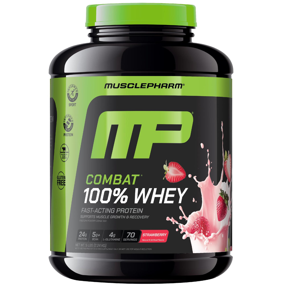 MusclePharm Combat whey strawberry cream tub shows the protein source for post-workout recovery.