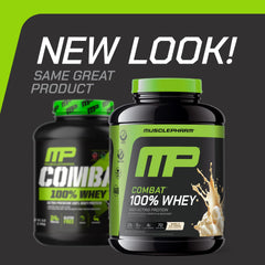 MusclePharm Combat vanilla powder close-up shows premium whey blend.