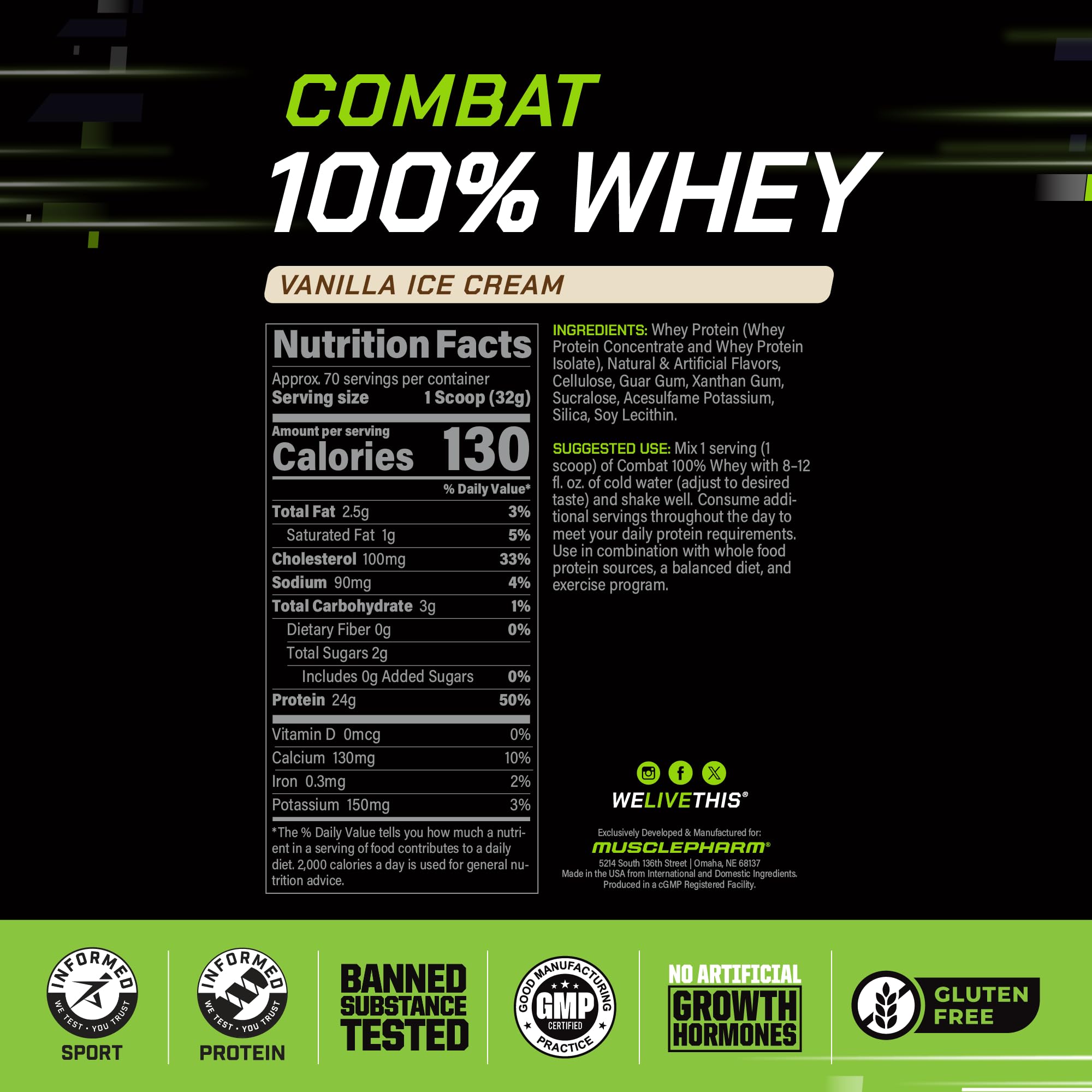 MusclePharm Combat vanilla scoop demonstrates measured servings.