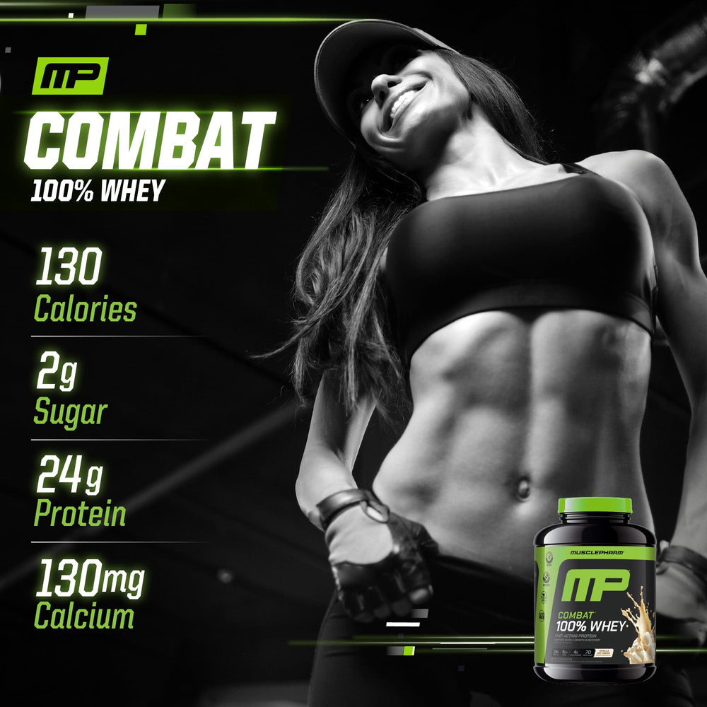MusclePharm Combat vanilla shake in glass shows creamy texture.
