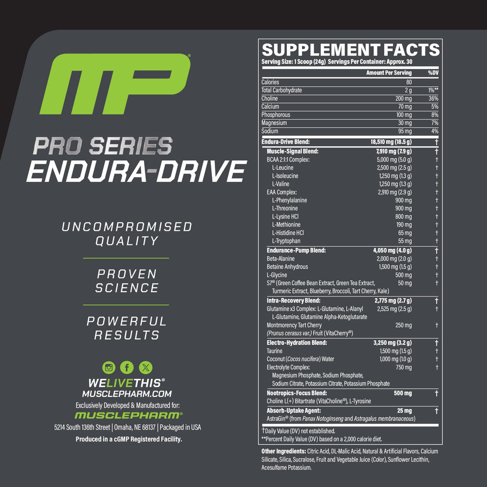 MusclePharm Endura-Drive bottle label shows transparent testing for quality
