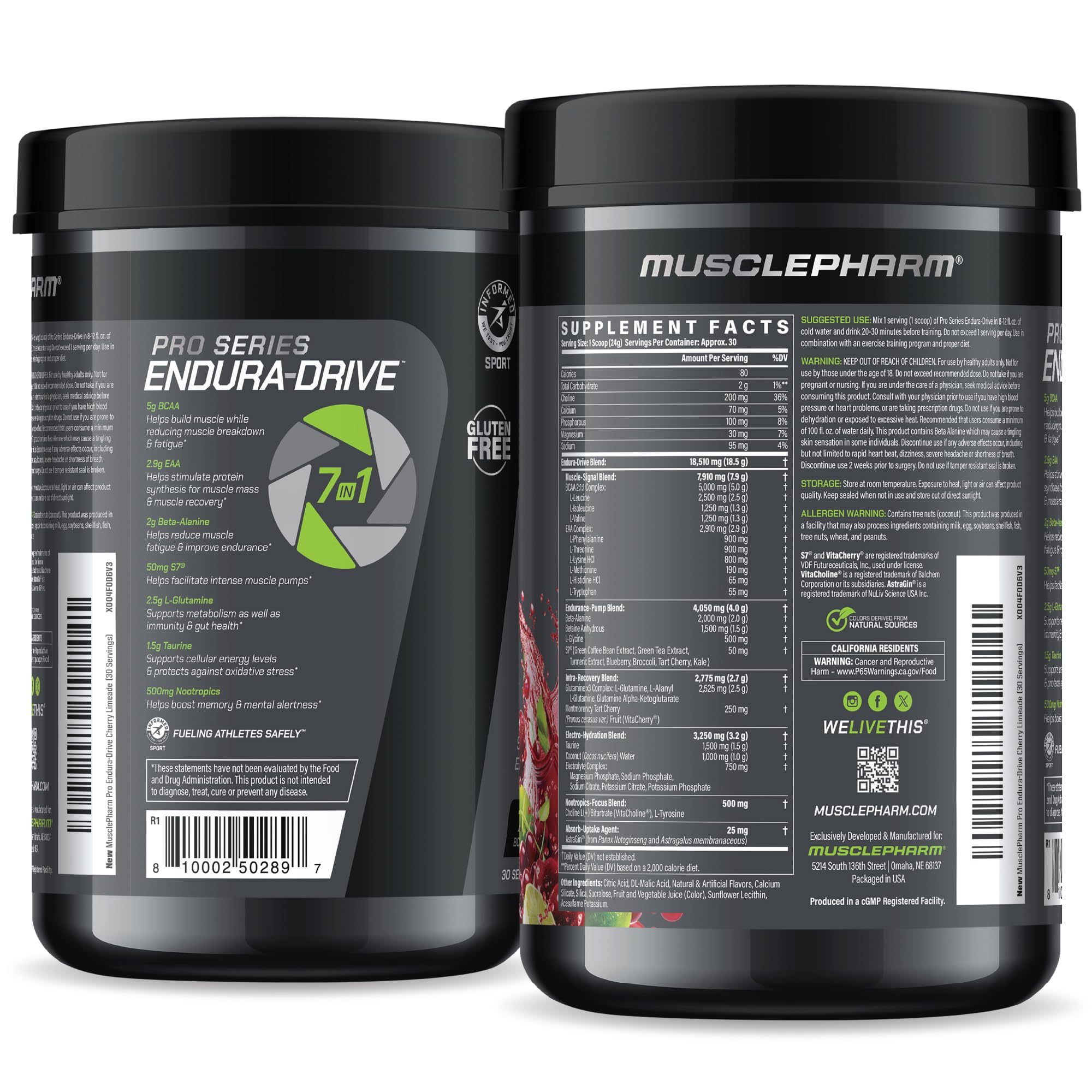 MusclePharm Endura-Drive label details suggested use before training for peak performance.