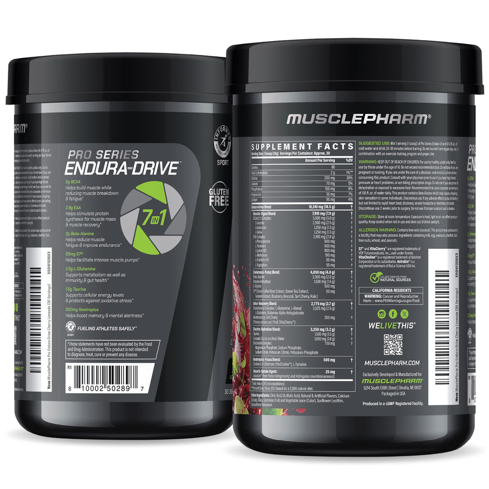 MusclePharm Endura-Drive label details suggested use before training for peak performance.