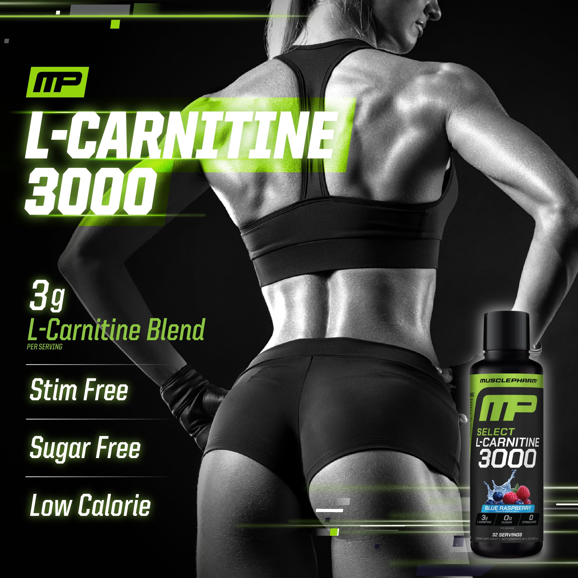 MusclePharm L-Carnitine 3000 blue raspberry label highlighting flavor and keto-friendly profile