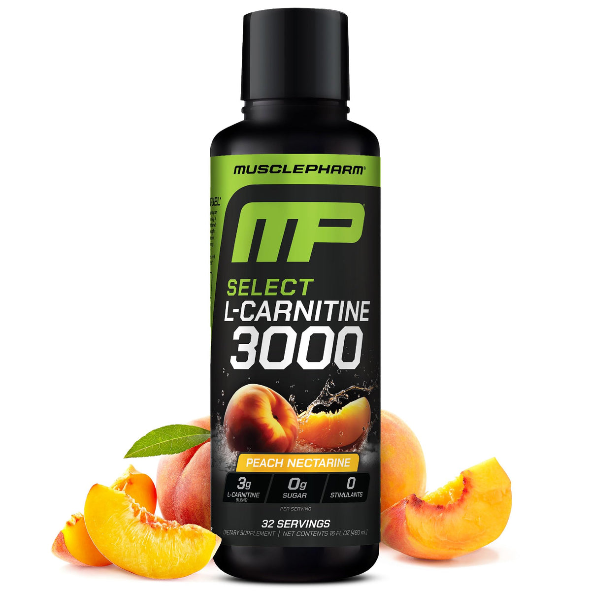 MusclePharm L-Carnitine 3000 bottle shows sugar-free, low-calorie workout refreshment.