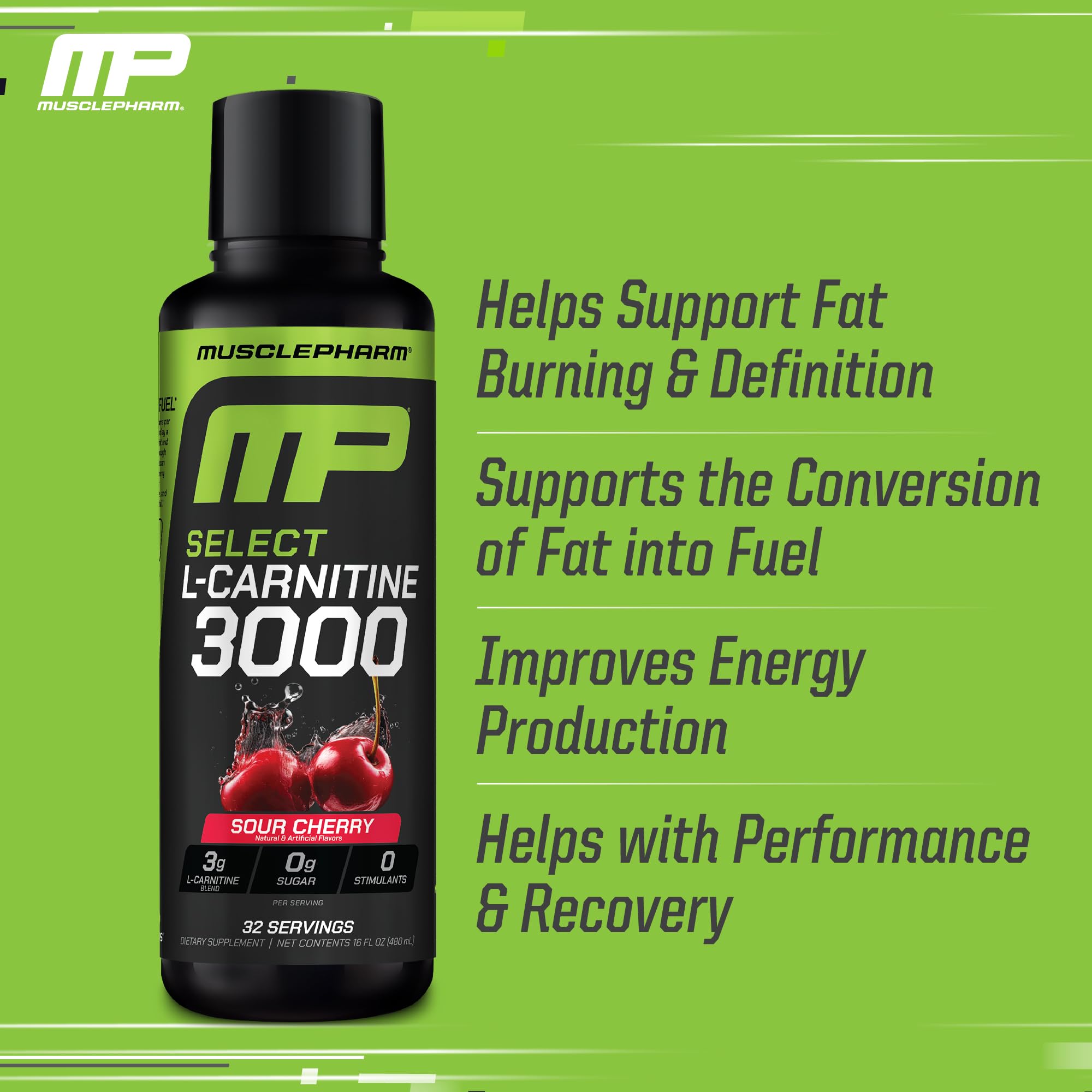 MusclePharm L-Carnitine 3000 sour cherry bottle highlights flavor