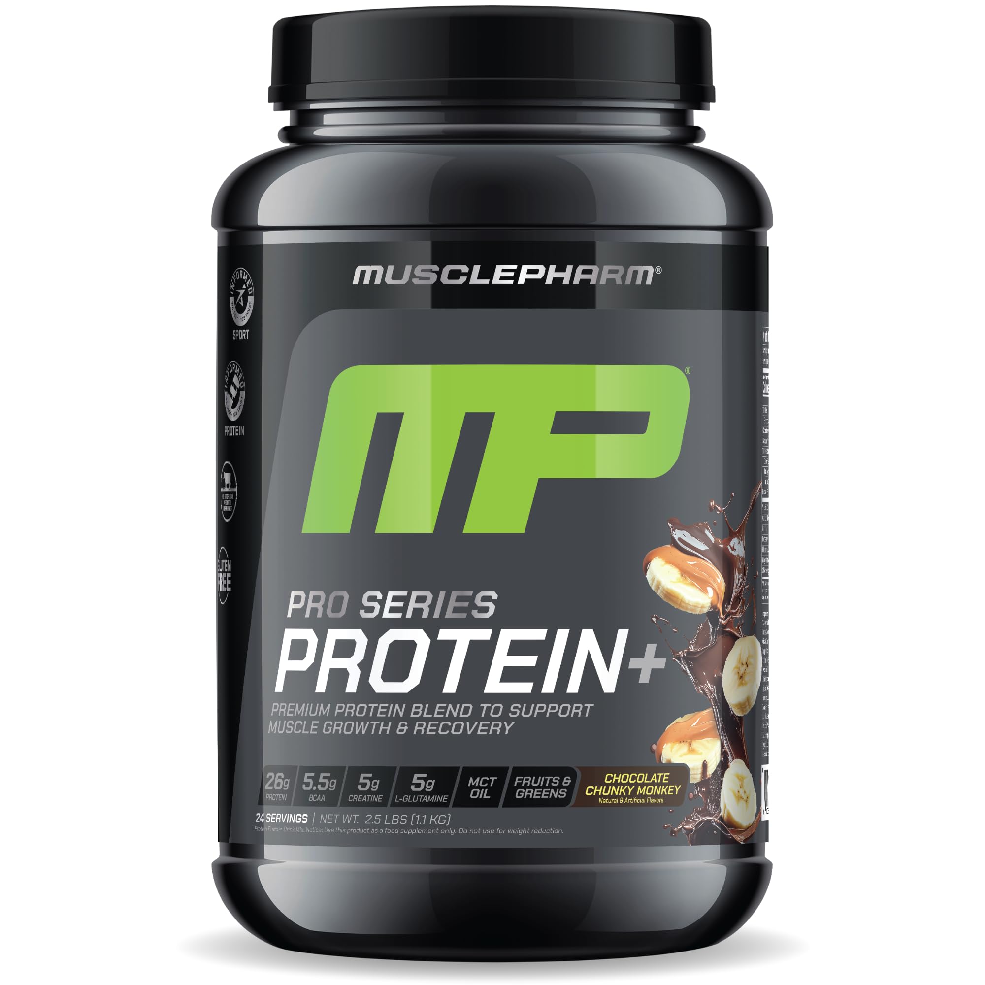 MusclePharm Pro Series Protein+ bottle label shows 26g protein per serving for workouts