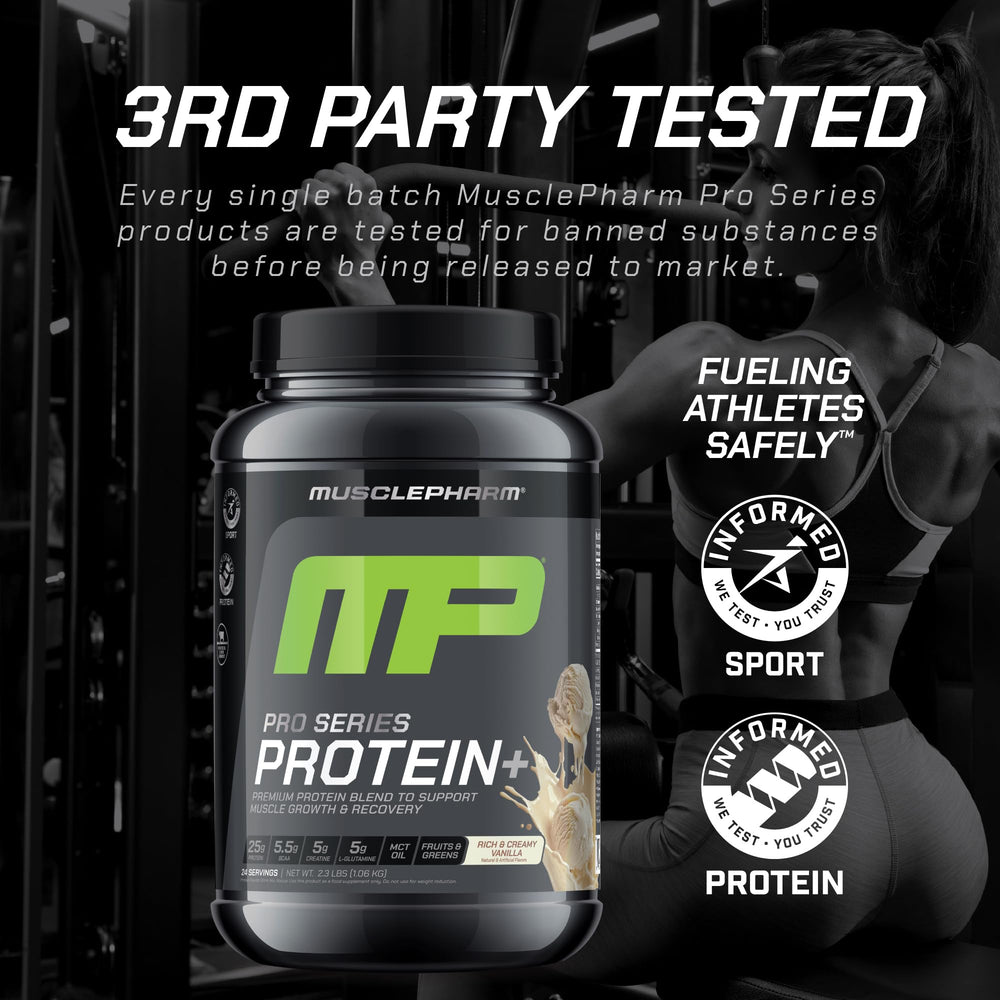MusclePharm Pro Series Protein+ ingredients chart highlights a premium 7-in-1 blend.