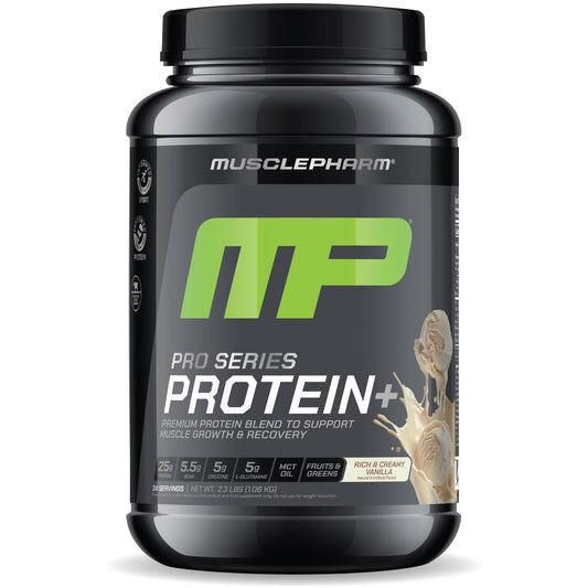 MusclePharm Pro Series Protein+ vanilla canister for high-protein shakes and muscle support.