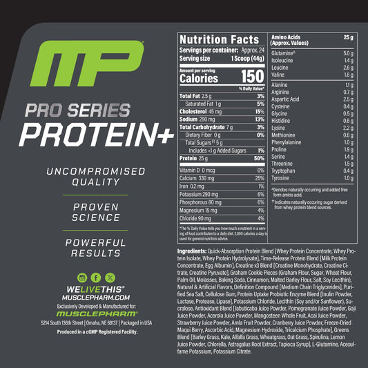 MusclePharm Pro Series Protein+ vanilla label closeup shows transparency and quality certifications.