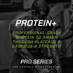 MusclePharm Pro Series Protein+ vanilla shake in a glass demonstrates creamy texture.