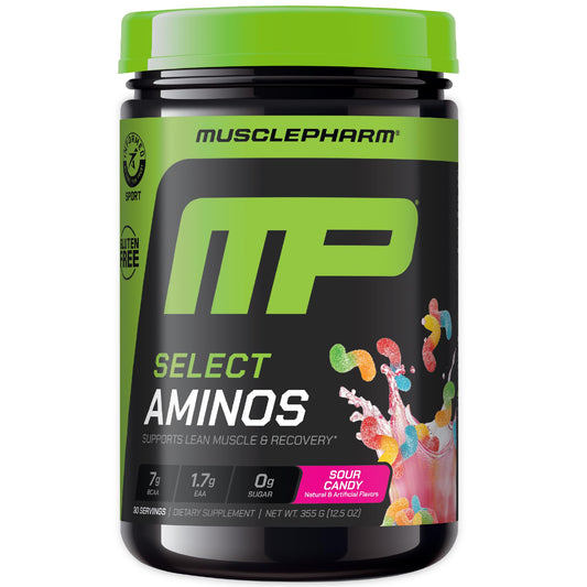 MusclePharm Select Amino EAA + BCAA powder tub front boosts recovery and lean muscle