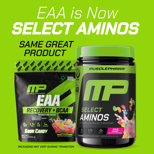 MusclePharm Select Amino Sour Candy label closeup highlights flavorful post-workout option