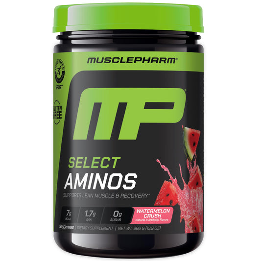 MusclePharm Select EAA + BCAAs Watermelon Crush powder in tub for post-workout recovery.
