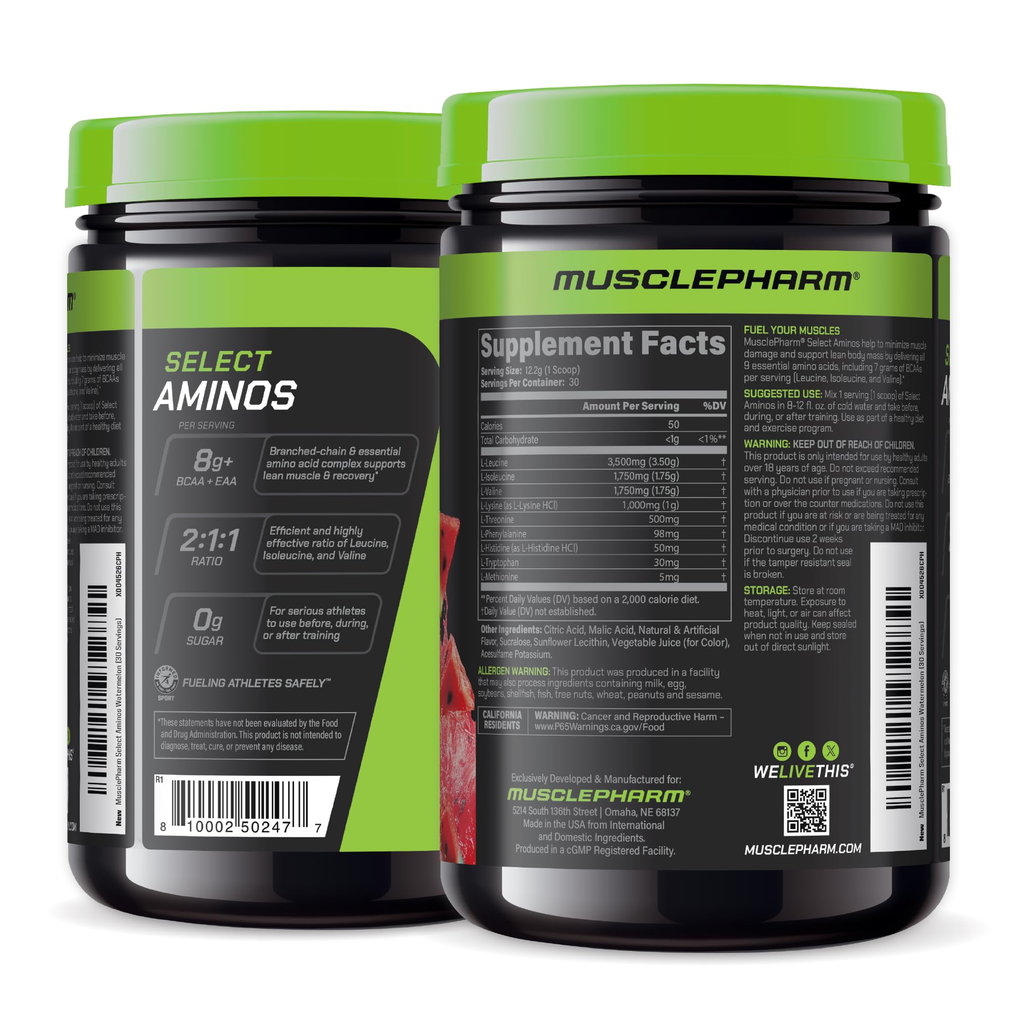 MusclePharm Select EAA + BCAA tub with bold flavor label.