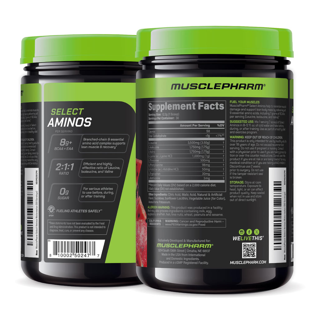 MusclePharm Select EAA + BCAA tub with bold flavor label.
