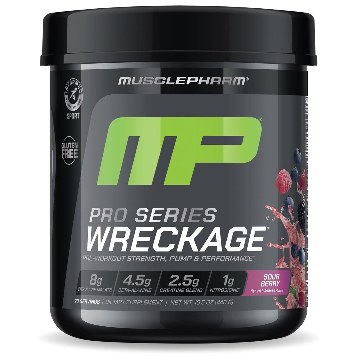 MusclePharm Wreckage pre-workout canister front view showing premium formula