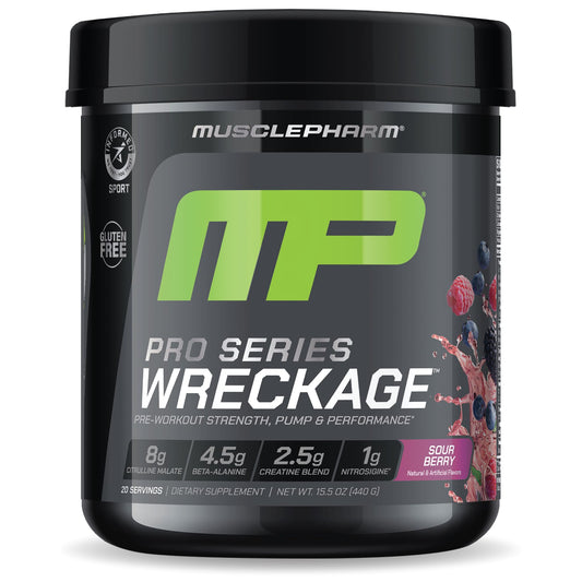 MusclePharm Wreckage pre-workout canister front view showing premium formula