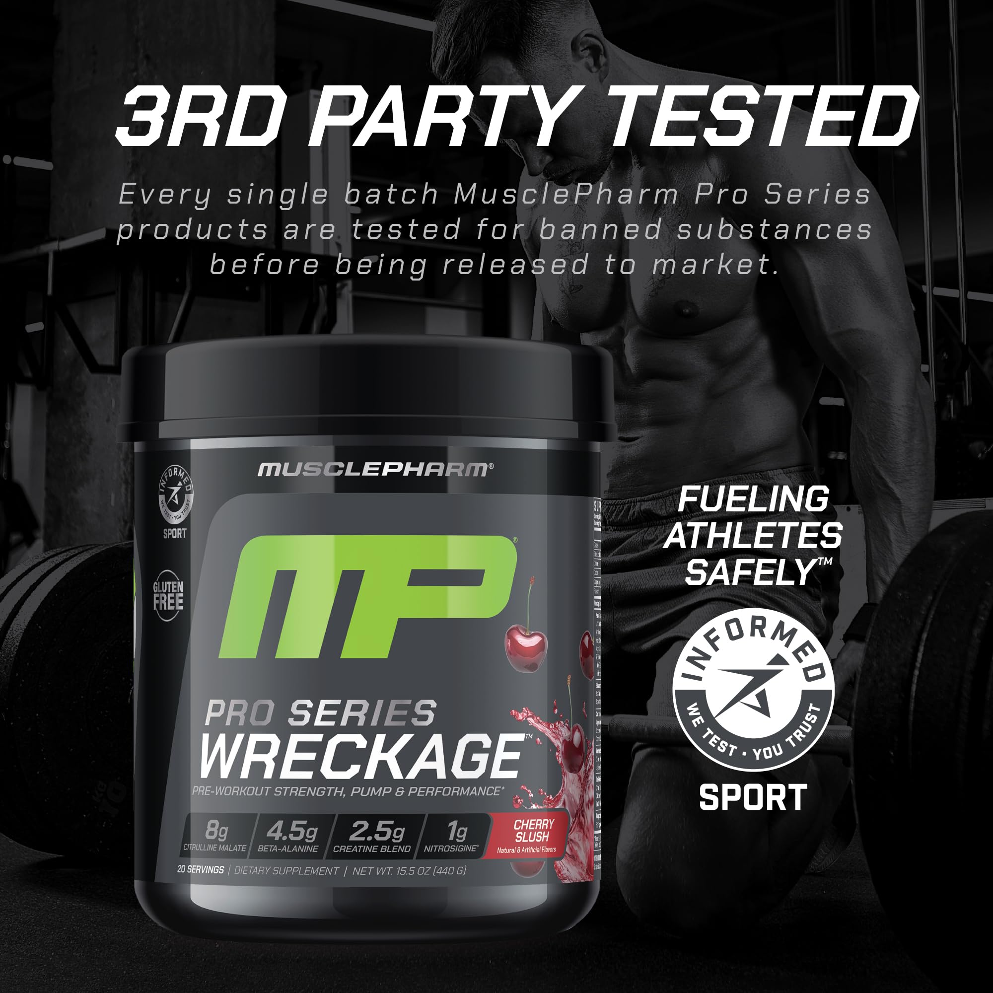 MusclePharm WRECKAGE tub on gym shelf ready to energize