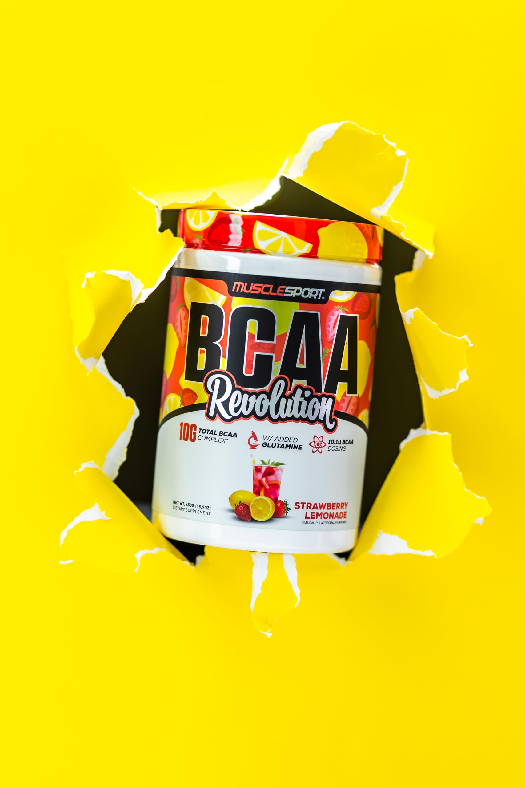 Musclesport BCAA Revolution label-closeup highlights 10:1:1 BCAA ratio