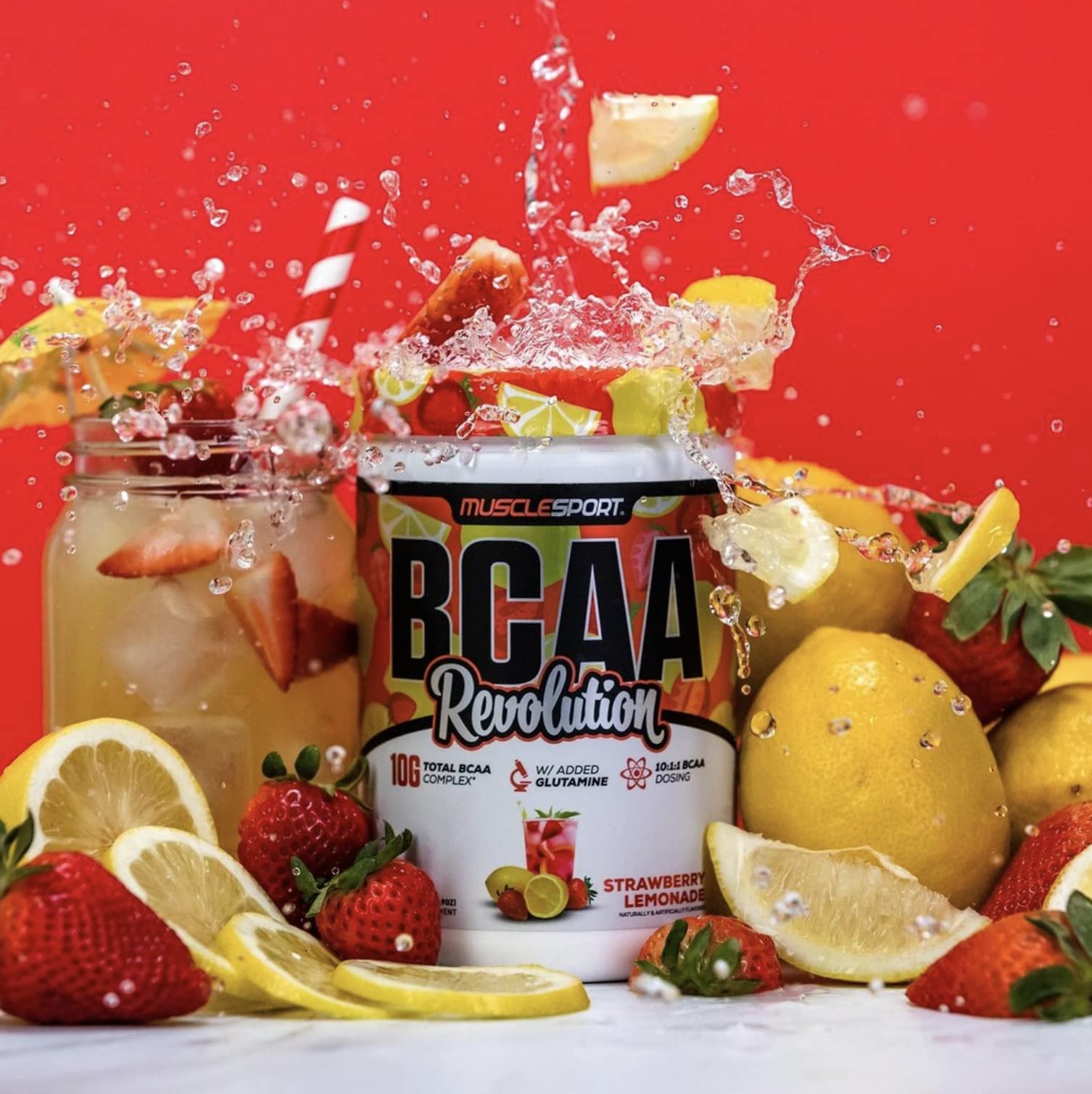 Musclesport BCAA Revolution powder-mix in glass emphasizes hydration-friendly formula