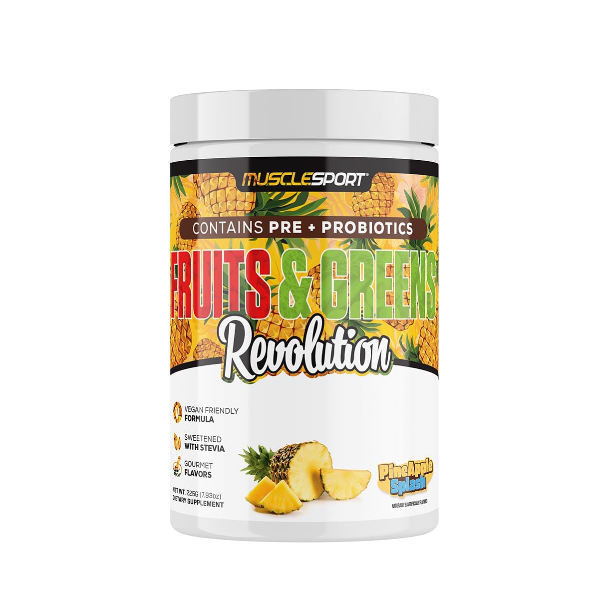 Musclesport Fruits & Greens ingredients panel showing spirulina and wheat grass benefits