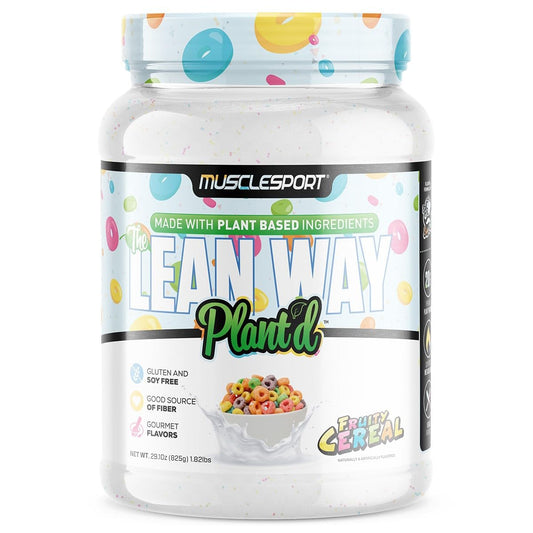 Musclesport Lean Way Plant'd Fruity Cereal shake in glass ready to support post-workout protein intake.