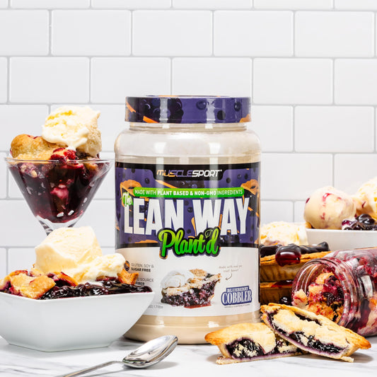 Lean Way Plant Protein scoop shows pea and brown rice blend for complete amino acids