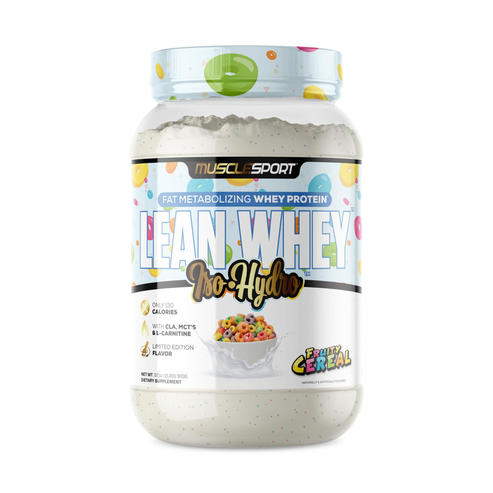 Musclesport Lean Whey Revolution canister highlights high-protein formula for lean gains.