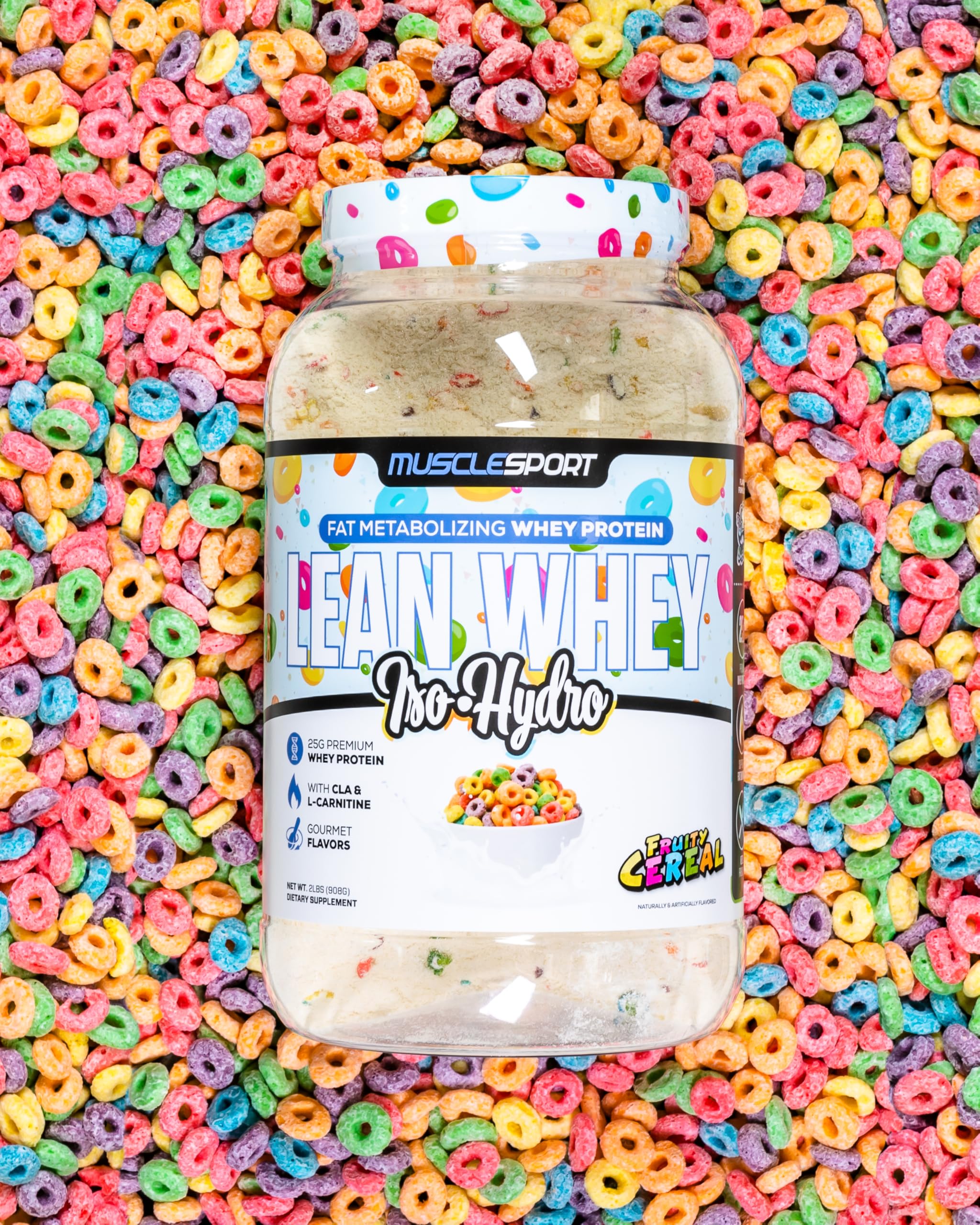 Musclesport Lean Whey Revolution cereal pieces highlight indulgent texture in a shake.