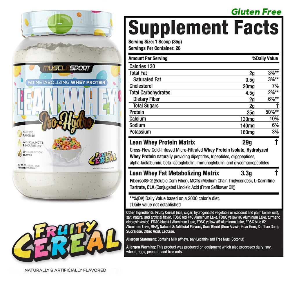 Musclesport Lean Whey Revolution flavors display variety, including real cereal pieces and marshmallows.