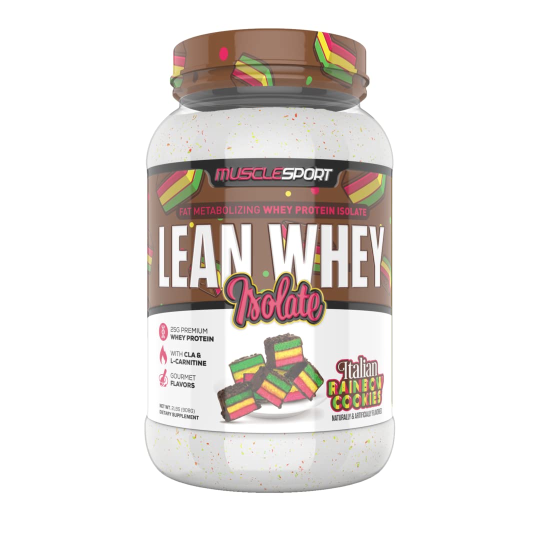 Musclesport Lean Whey Revolution powder in Italian Rainbow Cookie flavor, 25g protein per serving.
