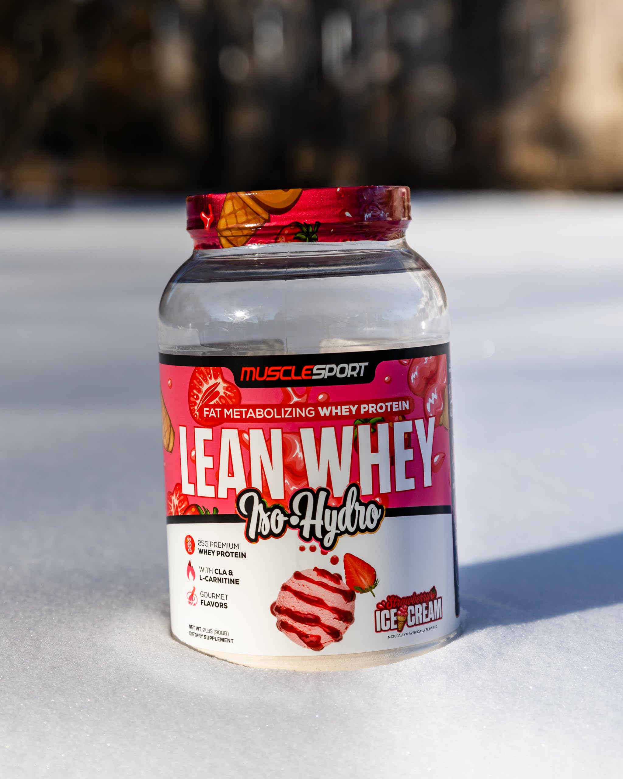 Musclesport Lean Whey Revolution label closeup confirms ingredients and nutritional focus.